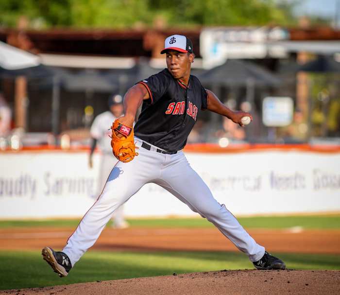 SF Giants 2022 first-round pick Reggie Crawford throws a pitch for the San Jose Giants against the Fresno Grizzlies on June 1, 2023.